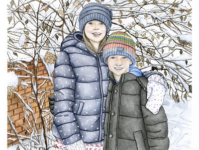 Brother and Sister in the Snow children family hand drawn illustration kids painting portrait painting realism watercolor
