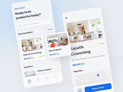 Co-Working Place Finder App app blue bookings clean co-working design finder icon interface ios minimal mobile mobile ui place simple ui ui ux ui design user interface ux