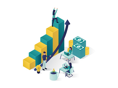 vector isometric of growing business analytics design growing business idea illustration infographic isometric isometric business landing landing page leadership modern people rocket statistic success isometric teamwork vector website working