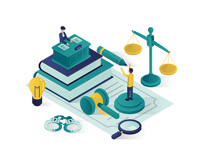Justice And Law Isometric Illustration concept design firm good hammer illustration internet isometric judgment justice isometric landing page law law firm law isometric man online teamwork vector website witness