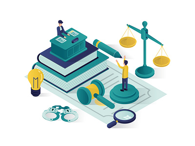 Justice And Law Isometric Illustration concept design firm good hammer illustration internet isometric judgment justice isometric landing page law law firm law isometric man online teamwork vector website witness