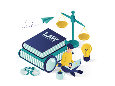 Justice And Law education Isometric Illustration amazing businessman concept courthouse design firm good hammer illustration internet isometric justice isometric landing page law law firm law isometric man online person website