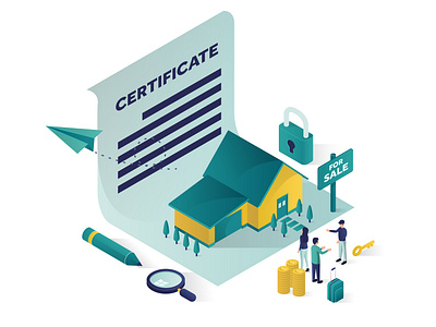 buying a house with certificate Isometric Illustration 3d amazing business buy design estate for sale good graphic illustration isometric landing page man people professional real rent searching vector website