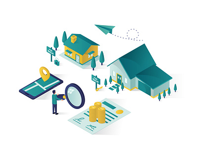 real estate isometric illustration amazing certificate design for for rent for sale good home homepage house illustration isometric landing page looking magnifier mobile phone money searching smartphone website
