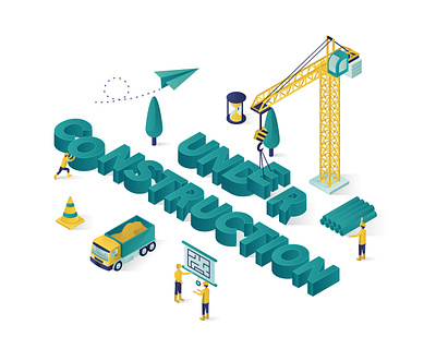 under construction isometric vector illustration 3d builder building concept construction crane design estate graphic icon illustration industry isometric landing page people person professional truck vector website