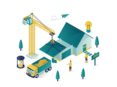 real estate construction isometric illustration 3d builder building concept construction crane design equipment good graphic home house icon illustration isometric landing page people real estate vector website