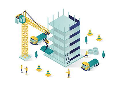 building under construction isometric illustration 3d apartment apartment building architecture builder building concept construction crane design element equipment estate graphic illustration isometric landing page people truck website