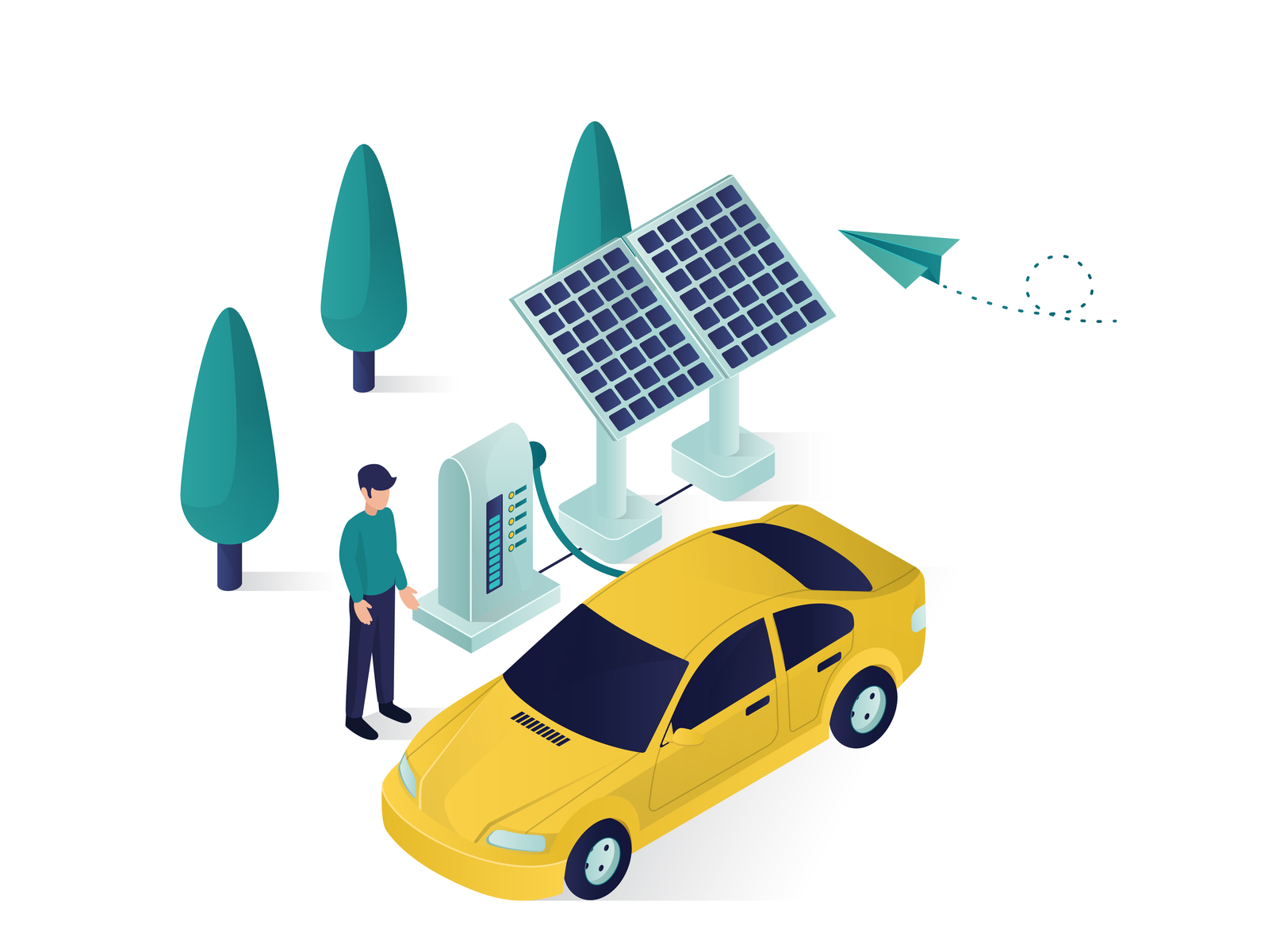 Car Charging Solar Panel Energy Isometric Illustration 04 3d car charging design ecological electrical environment green illustration isolated isometric man modern people power standing transportation tree vector waiting