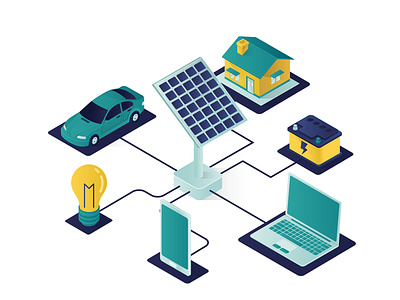 Solar Panel Energy Isometric Illustration 3d battery car design electric electrical electricity home house illustration isolated isometric lamp landing page laptop light mobile phone smartphone solar panel transport
