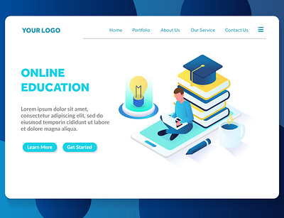 online education website landing page template 3d course courses design e learning education isometric illustration internet isometric landing page modern online education page template video website website template workshop