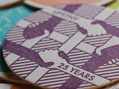 Coaster Design for AIGA UPSTNY anniversary coaster community diversity hands letterpress pattern purple