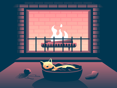 Cat In Front Of Fire Place animals cabin cat cold fireplace home illustration pet season vector winter