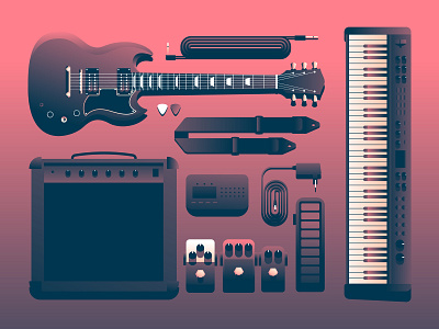 Ready to Rock guitar illustration instruments knolling music rock set vector