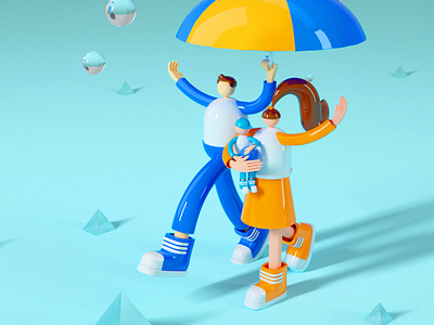 下雨打伞一家人 branding c4d design flat illustration ui 插图