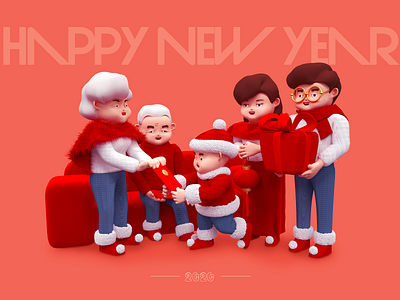 Happy New Year animation c4d design flat illustration vector 一家人 平面 插图 设计