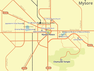 Schematic map - Tourist attractions in Mysore