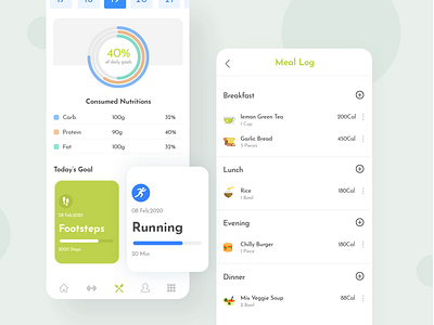 Food Dairy and Meal Tracking Page - Fitness App Concept app appdesign application caloriestracking clean design fitness fitness app flow mobile app mobile ui mobileapps sketchapp typography ui ui design uidesign ux vector weight loss