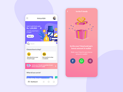Paylater App with Invite a friend screen app app design clean creditapp design finance app illustration mobile app mobile ui mobile ui design mobile uiux paylaterapp payment app sketch typography ui ui ux uidesign ux design vector