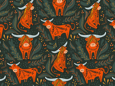 Cute cartoon bulls and bison with folk pattern animal buffalo bull calf cartoon cattle cow ethnic fabric flat illustration flower folk folklore native ox pattern seamless textile tribal