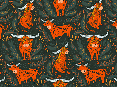 Cute cartoon bulls and bison with folk pattern