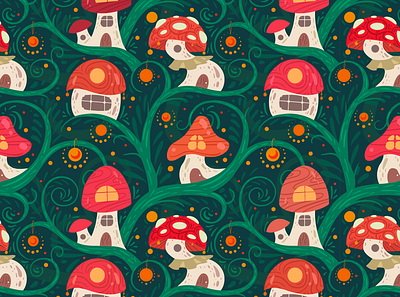 Pattern with cartoon fairy tale mushroom houses autumn cartoon doodle fabric fairy fairytale forest gnome graphic design home house kid magic mushroom nature pattern