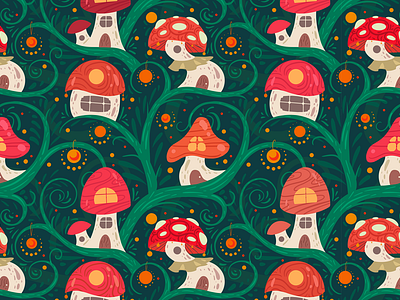 Pattern with cartoon fairy tale mushroom houses