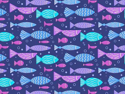 Flat pattern with doodle fishes and bubbles