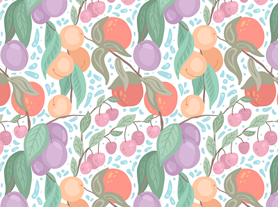 Flat pattern with peaches, cherry, plum on branches with foliage apricot fabric foliage garden graphic design leaves pattern peach plum seamless stem surface design vegetation wallpaper wrapping