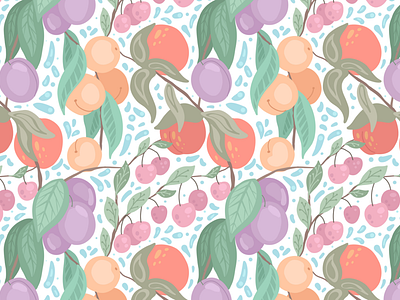 Flat pattern with peaches, cherry, plum on branches with foliage