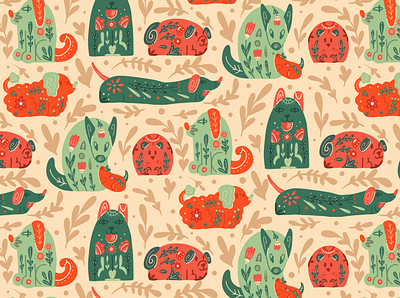 Cute dogs with folk pattern animal boho cartoon fabric flat floral folk natural nature pattern seamless