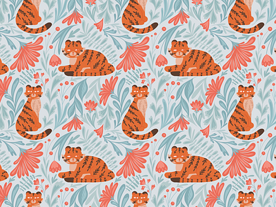 Tigers and flowers animal animalistic cat fabric flat design floral flower graphic design hand drawn nature pattern tiger trendy wallpaper