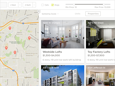 Apartment Finder, Discovery Page apartments cards discovery price properties search sort units