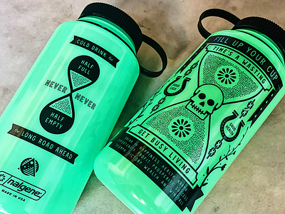 Fill Up Your Cup, Time's A Wasting... badge brand branding gift glow in the dark icons illustration nalgene skull time water