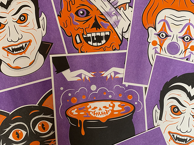 Tis' The Season cauldron clown dracula halloween illustration orange poster print purple riso risograph