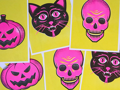 Halloween Risographs cat halloween illustration print riso risograph risography skull texture textured