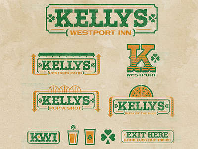 Kellys Westport Inn badge badges bar beer brand branding clover icons illustration kellys lockup logo logos mark monogram shamrock type type design typography typography logo