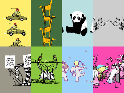 Nomencreatures Samples animals bright elephants flamingos fun illustrations pandas pen and ink posters prints