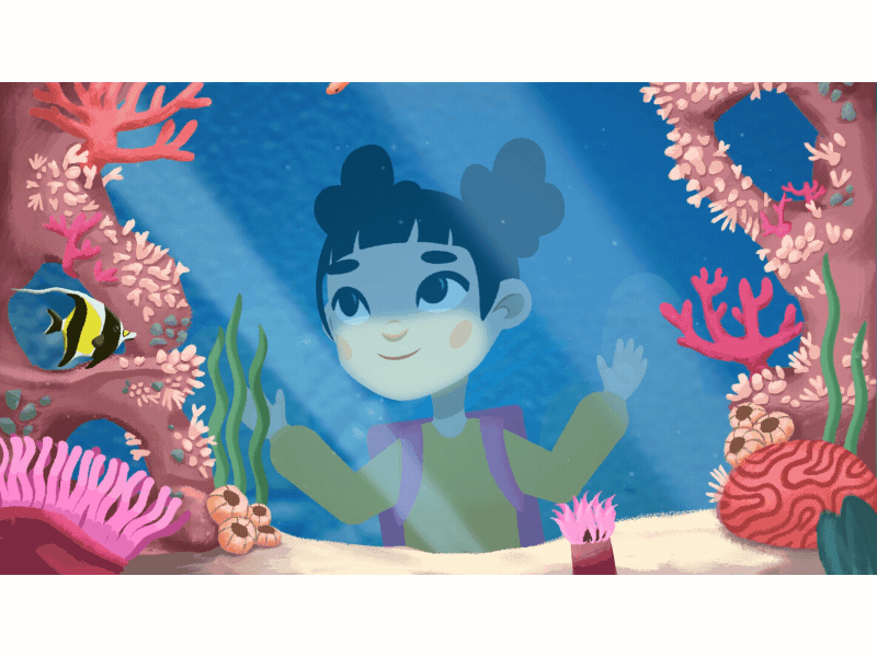 Little girl looking at fish tank 2d 2d animation after affects animation blink cel animation character animation corals duik bassel face rig fish frame by frame frame by frame animation girl girl character joysticks n sliders motion motion design motion graphics rigging