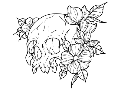 New school Skull with flowers Tattoo design art design digital art flash tattoo flower illustration lineart skull stencil tat tattoo tattoo art tattoo artist tattoo design