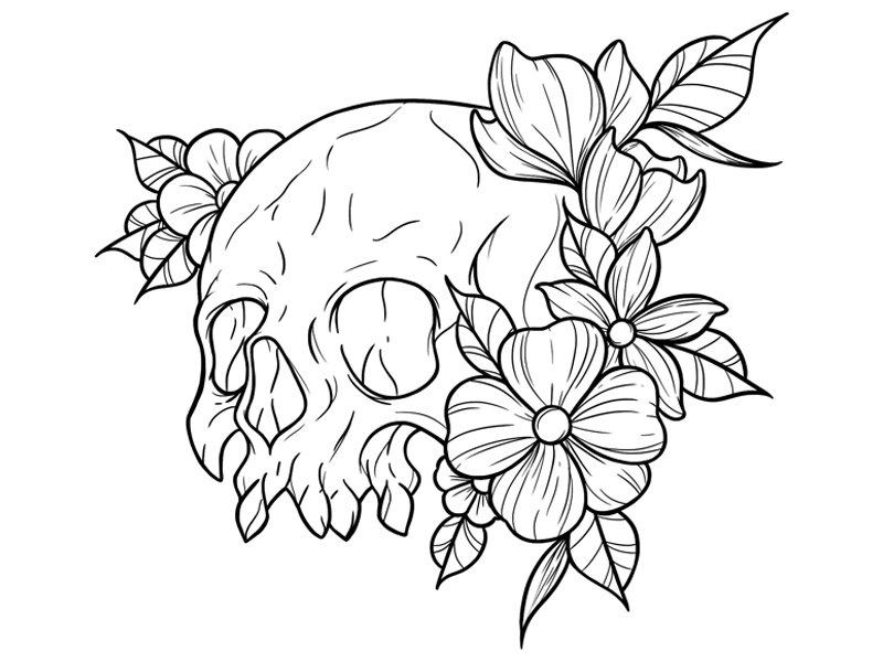 skull with flowers drawing