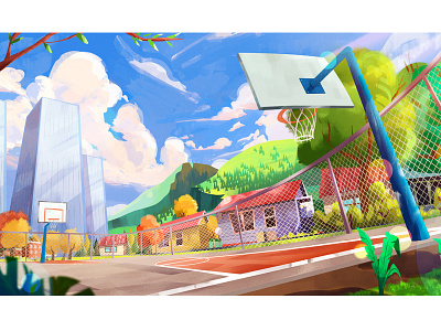 Basketball Scene ball basketball color environment game house illustration landscape paint sports street tree