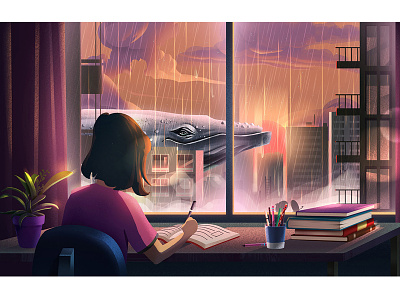 Girl And Whale city color girl graphic graphics home illustration landscape motion skycarper whale work