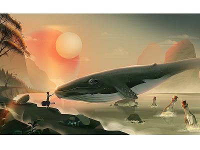 Touch color doodle graphic illustration landscape motion nature sea stone tree whale work