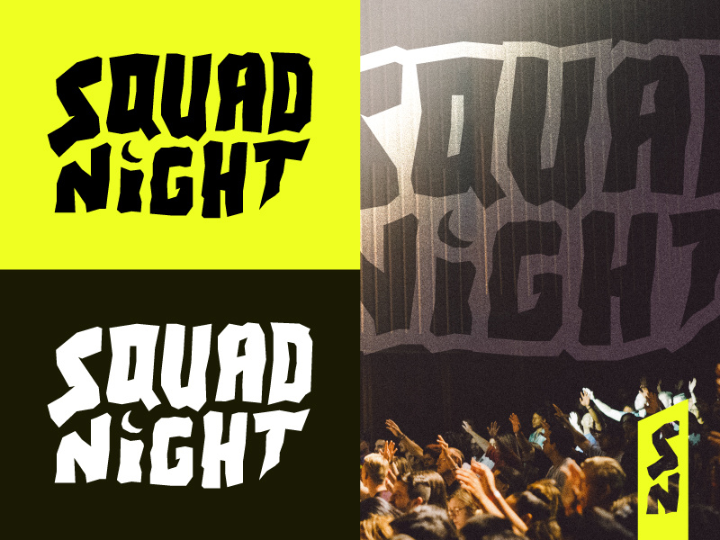 Squad Night - Branding youth group students identity branding logo church ministry hand lettering chunky yellow moon squad
