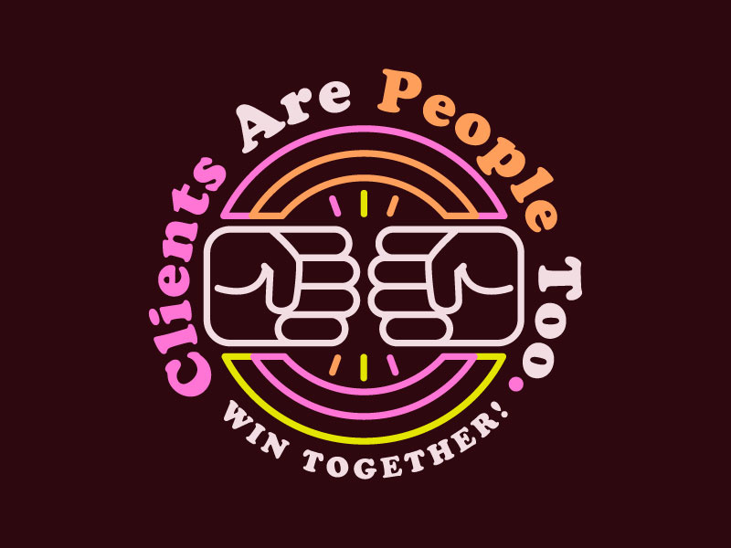 Clients Are People Too humanity throwback pink fun win together rainbow retro people clients fist bump