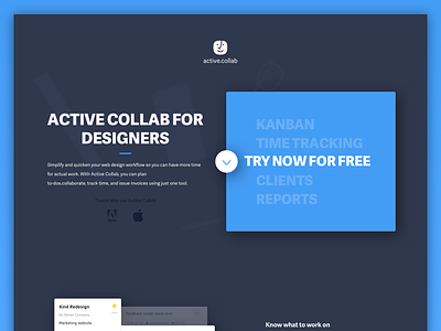 Active Collab for designers landing page activecollab clean design flat icon kanban landing page shadow ui ux visual design web