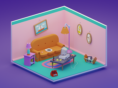 The Ideal workplace 3d beer blender carpet cartoon computer design donuts furniture home house illustration isometric isometry lamp render simpsons sofa table