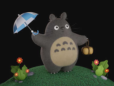 Fluffy Totoro 3d anime art blender blender3d cartoon characterdesign flowers fluffy funny ghibli illustration miyazaki naure present render totoro umbrella wool