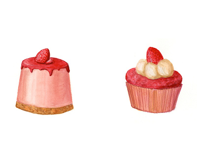 Strawberry Puddin and Cupcake / Watercolor Illustration