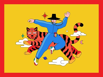 Dancing with the Tiger cat character color fashion folkart galaxy illustration korea koreanart minhwa minimal retro seoul streetfashion tiger vector woman women